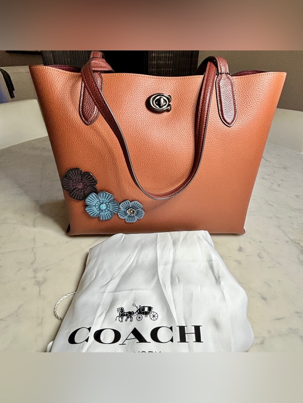 Coach Brown Leather Tote with Blue and Dark Brown Floral Appliqués